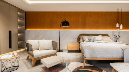 3d rendering. Interior house or resort  modern bedroom tropical design.Loft style Duplex apartment residence.Home decoration luxury  interior design.
