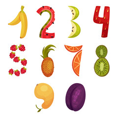 Numbers Made of Fresh Juicy Fruits Vector Set