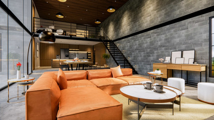 3d rendering. Interior house modern open living space with kitchen.Loft style Duplex  residence .Home decoration luxury  interior-exterior design.Outdoor terrace with swimming pool.