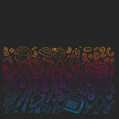 Cute school children. Imagination and creativity. Play and learn, singing, dancing, reading, drawing.