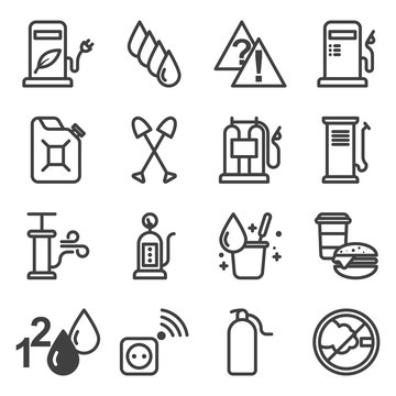 Car gas station icons set. A package of images containing fuels, services and activities at a gas station. Isolated linear vector on a white background.