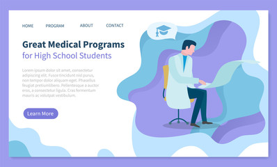 Great medical programs for high school student. Doctor working with paper information for educating. Medicine knowledge and e-learning. Website or webpage template, landing page flat style vector