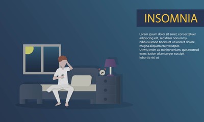 Man with insomnia,He wakes up on bed and watches the clock every night,Not getting enough rest makes he feel tired and stressed,Health care and concept,Vector illustration.