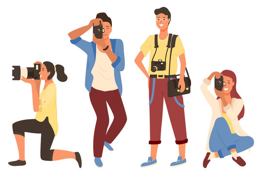 Man and woman holding photo-camera and shooting. Photographers in casual clothes taking photos, male and female photographing leisure or hobby vector