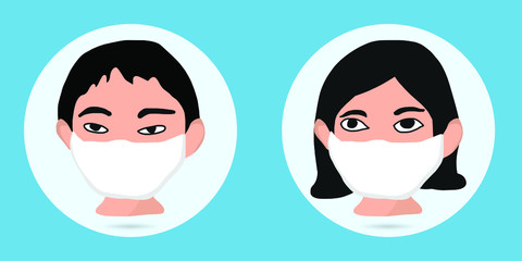 Man and Woman in medical face protection mask. Vector icon people wearing protective surgical mask. flu mask icon man and woman wearing face mask for virus protection. Vector illustration