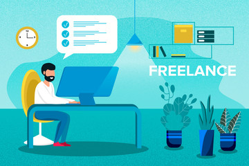 A man at a computer working on a project. Remote work. Freelancer at work. Freelancer workspace.