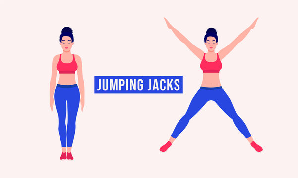 Girl doing Jumping Jacks exercise, Woman workout fitness, aerobic and exercises. Vector Illustration.