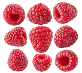 Collection of berries. Different shapes of nine raspberry fruits isolated on white with clipping path  