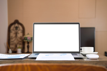 Fototapeta premium Home office, blank monitor for design, working from home, web communication call, online meeting, remote worker concept, close up, template, mock up.