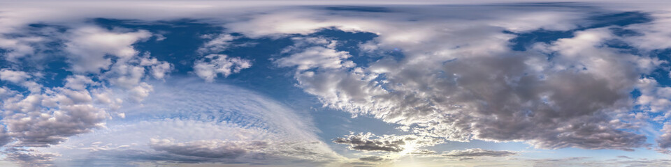 Obraz premium Seamless hdri panorama 360 degrees angle view blue sky with beautiful evening fluffy cumulus clouds without ground with zenith for use in 3d graphics or game development as sky dome or edit drone shot