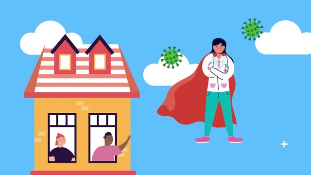 female doctor with hero cloack and building
