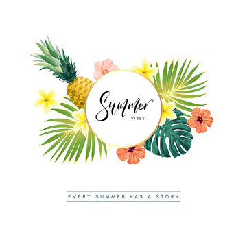 Green summer tropical background with exotic monstera palm leaves, pineapples, plumeria and hibiscus flowers. Vector floral background. Party flyer, invitation or banner template.