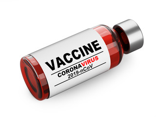 Glass bottle with vaccine antiviral against coronavirus COVID-19. Remedy against the pandemic.