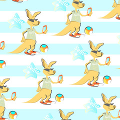 Obraz na płótnie Canvas Cartoon kangaroo boy and stripe background. Unique cute animal on the beach. Selfie fan vector seamless clipart elements isolated on white perfect for print and all kinds of design. Australia, zoo