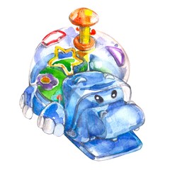 hippo toy blue on white watercolor