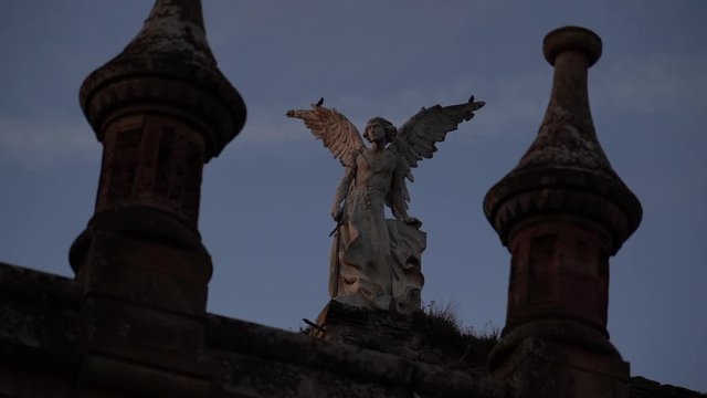 estatua de un angel con pajaros posados en sus alas
