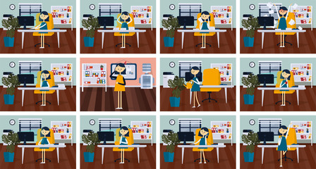Set of poses businesswoman with different emotions and expressions. Color vector illustration