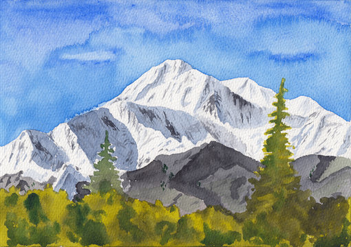 Stock watercolor painting of Alaska monstering well known national park Denali. Vast wilderness known for legendary wildlife and big adventures, from backcountry camping and hiking to mountaineering. 