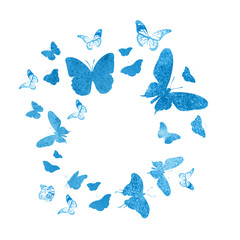 Flock of silhouette butterflies on white