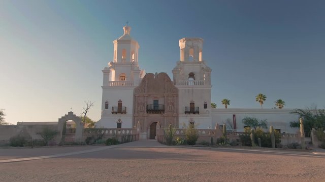 Tucson, Arizona, USA. 29 April 2020. Aerial view of Mission San Xavier del Bac, a historic Spanish Catholic mission on the Tohono O'odham Nation San Xavier Indian Reservation.