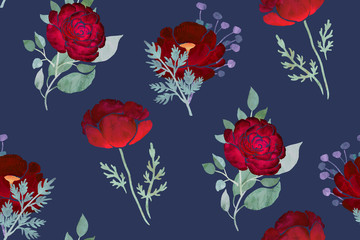 Acrylic paint seamless floral pattern. Abstract rough monotype technique.
