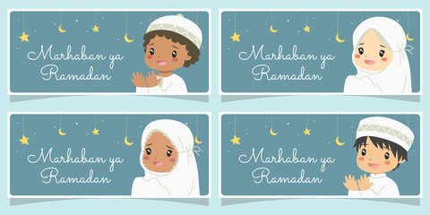 Marhaban ya Ramadan banner, happy muslim kids praying with hanging moon and star background. Printable Eid Al-Fitr muslim celebration banner, greeting card cartoon vector. © azuaya25