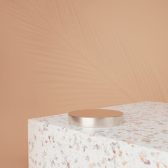 3D terrazzo stone podium and gold display on beige background with palm leaf shadow. Mock up with copy space for banner. White minimalist stand pedestal for product promotion. Trendy 3D render.