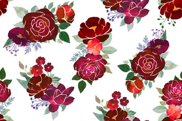 Acrylic paint seamless floral pattern. Abstract rough monotype technique.