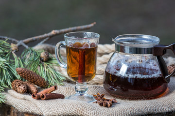 Black tea beautifully brewed in a glass teapot outdoors in the forest with natural light with cinnamon sticks, anise and spruce cones
