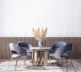 Scandinavian interior design of blue living room with modern furniture, vintage wallpaper...