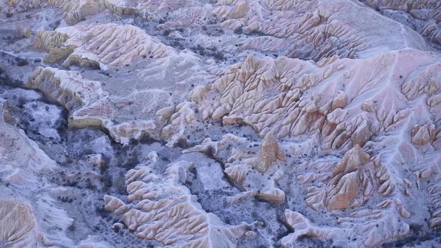 Volcanic rocks of Cappadocia in the winter in Turkey. Aerial view.