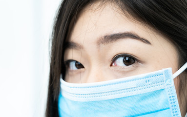 Close up woman with headache wearing mask for protect Covid-19