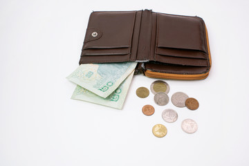White background, Thai banknote 40 baht in wallet and Thai coins, little money, should buy necessary things, save money, Lack of financial liquidity