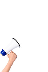 cropped view of girl holding loudspeaker isolated on white