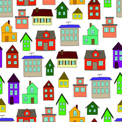 Fototapeta premium Colorful houses on white background: bright seamless pattern, urban wallpaper print, wrapping texture design. Vector graphics.