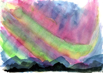 Aurora Mountains Silhouette Watercolor Illustration Drawing Hand Made Background