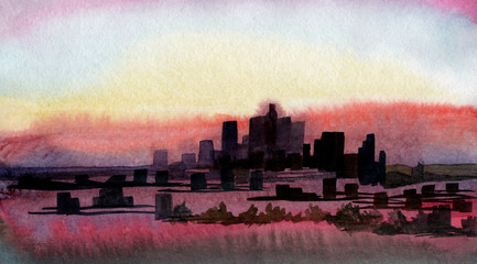 Sunset City Building Silhouette Watercolor Illustration Background Hand Drawn