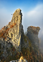 rocks in the fog. autumn fog on the canyon of the Dniester River