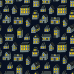 Evening houses with the light in windows on dark-blue background: night seamless pattern, urban wallpaper print, wrapping texture design. Vector graphics. - obrazy, fototapety, plakaty