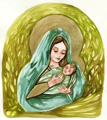 Papier Peint photo Inspiration picturale Illustration à l& 39 aquarelle représentant la Mère de Dieu avec le petit Jésus.