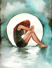 Photo sur Aluminium Inspiration picturale Illustration à l& 39 aquarelle représentant une fille triste sur fond de lune.