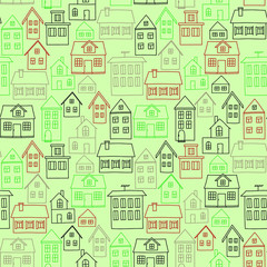 Green, red and grey houses on light-green background: architectural seamless pattern, urban wallpaper print, wrapping texture design. Vector graphics.