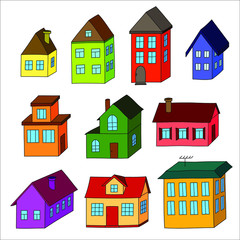 Ten colorful 3d houses illustrations, isolated. Vector graphics.