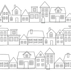 Lines of houses: black and white seamless pattern, urban wallpaper print, wrapping texture design. Vector graphics.