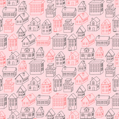 Fototapeta na wymiar Red and black 3d houses' silhouettes on pink background: seamless pattern, urban wallpaper print, wrapping texture design. Vector graphics.