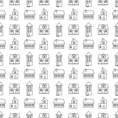 Colorless 2d houses on white background: transparent seamless pattern, urban wallpaper print, wrapping texture design. Vector graphics.