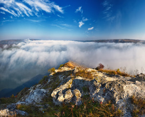 rocks in the fog. autumn fog on the canyon of the Dniester River