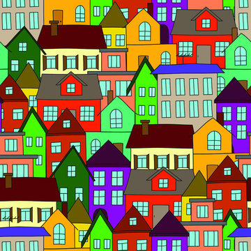 Colorful houses standing tight: bright seamless pattern, urban wallpaper print, wrapping texture design. Vector graphics.
