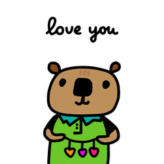 Love you hand drawn vector illustration in cartoon comic style bear tender holding hearts