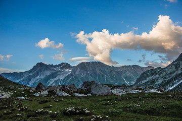 Alpine meadows and rocks in the Caucasus mountains in Russia